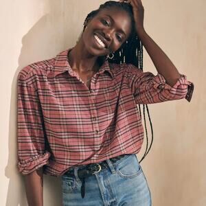 Faherty Olli Henley Blouse Women S Viscose Plaid Shirt Pink Cabincore ModernPrep